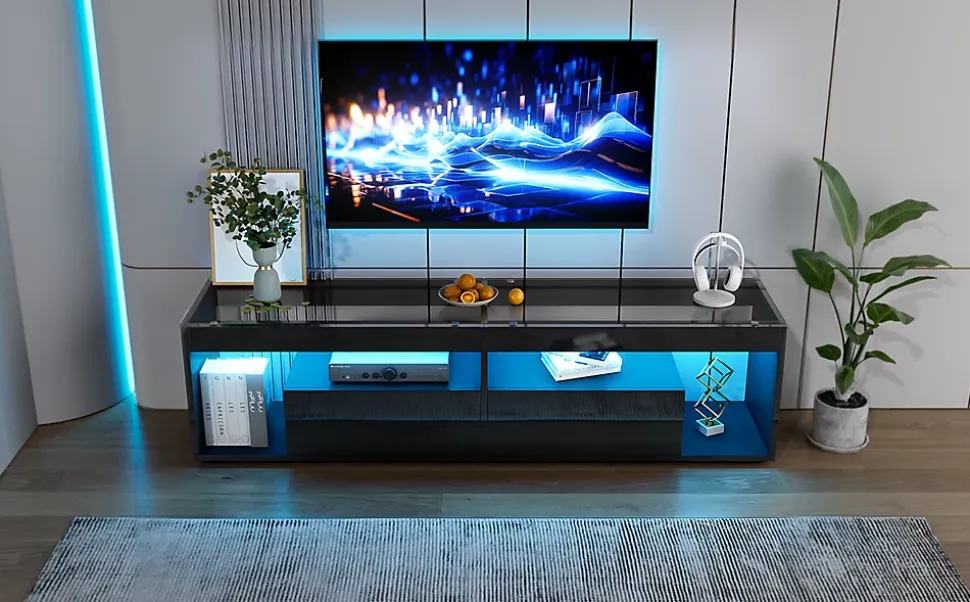 Meuble TV 180x40x46 cm avec LED 16 couleurs et 2 tiroirs, finition laquée noire, plateau verre trempé