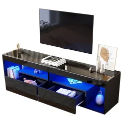 Meuble TV 180x40x46 cm avec LED 16 couleurs et 2 tiroirs, finition laquée noire, plateau verre trempé