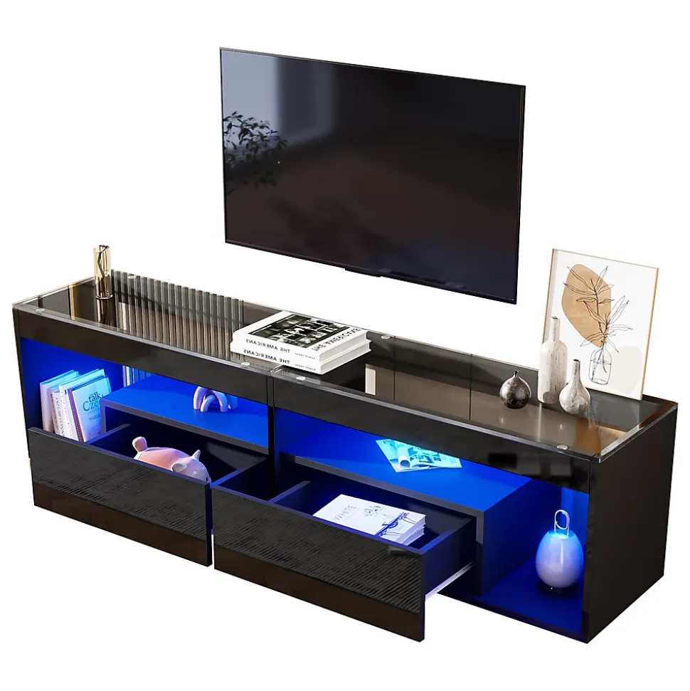 Meuble TV 180x40x46 cm avec LED 16 couleurs et 2 tiroirs, finition laquée noire, plateau verre trempé