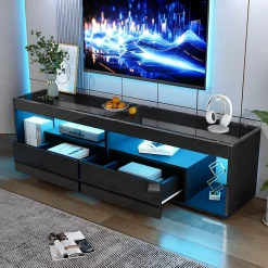 Meuble TV 180x40x46 cm avec LED 16 couleurs et 2 tiroirs, finition laquée noire, plateau verre trempé