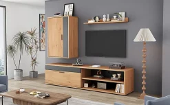 Meuble TV 140x35x39 cm avec rangements, portes Soft-Close et finitions chêne/noir, set mural 3 pièces