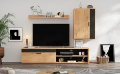 Meuble TV 140x35x39 cm avec rangements, portes Soft-Close et finitions chêne/noir, set mural 3 pièces