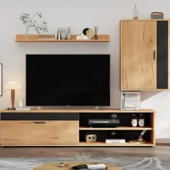 Meuble TV 140x35x39 cm avec rangements, portes Soft-Close et finitions chêne/noir, set mural 3 pièces