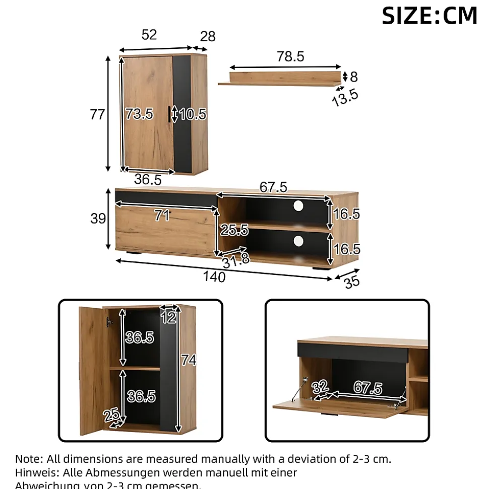 Meuble TV 140x35x39 cm avec rangements, portes Soft-Close et finitions chêne/noir, set mural 3 pièces
