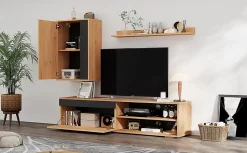 Meuble TV 140x35x39 cm avec rangements, portes Soft-Close et finitions chêne/noir, set mural 3 pièces