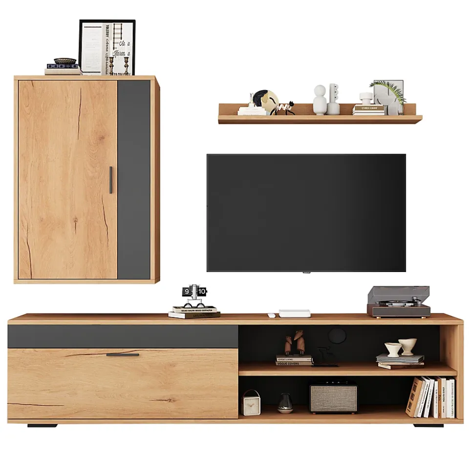 Meuble TV 140x35x39 cm avec rangements, portes Soft-Close et finitions chêne/noir, set mural 3 pièces