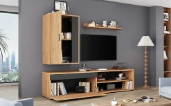 Meuble TV 140x35x39 cm avec rangements, portes Soft-Close et finitions chêne/noir, set mural 3 pièces