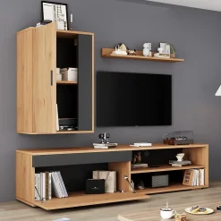 Meuble TV 140x35x39 cm avec rangements, portes Soft-Close et finitions chêne/noir, set mural 3 pièces