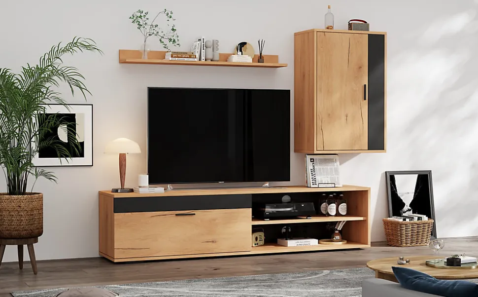 Meuble TV 140x35x39 cm avec rangements, portes Soft-Close et finitions chêne/noir, set mural 3 pièces