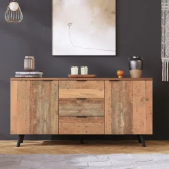 Meuble TV 140x35x70 cm avec rangements et 3 tiroirs, étagères réglables, style vintage bois brun vieilli