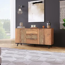 Meuble TV 140x35x70 cm avec rangements et 3 tiroirs, étagères réglables, style vintage bois brun vieilli