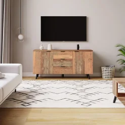 Meuble TV 140x35x70 cm avec rangements et 3 tiroirs, étagères réglables, style vintage bois brun vieilli