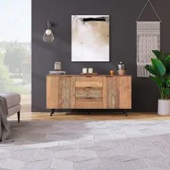 Meuble TV 140x35x70 cm avec rangements et 3 tiroirs, étagères réglables, style vintage bois brun vieilli