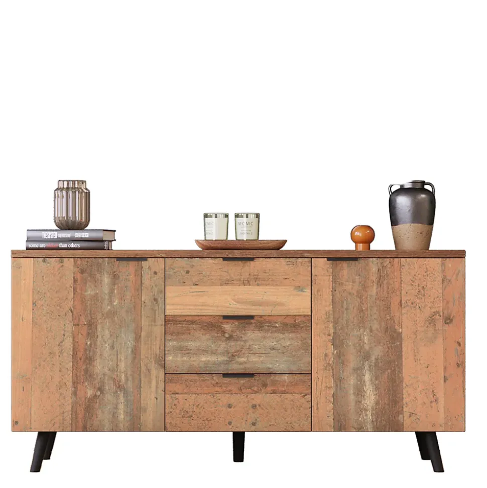 Meuble TV 140x35x70 cm avec rangements et 3 tiroirs, étagères réglables, style vintage bois brun vieilli