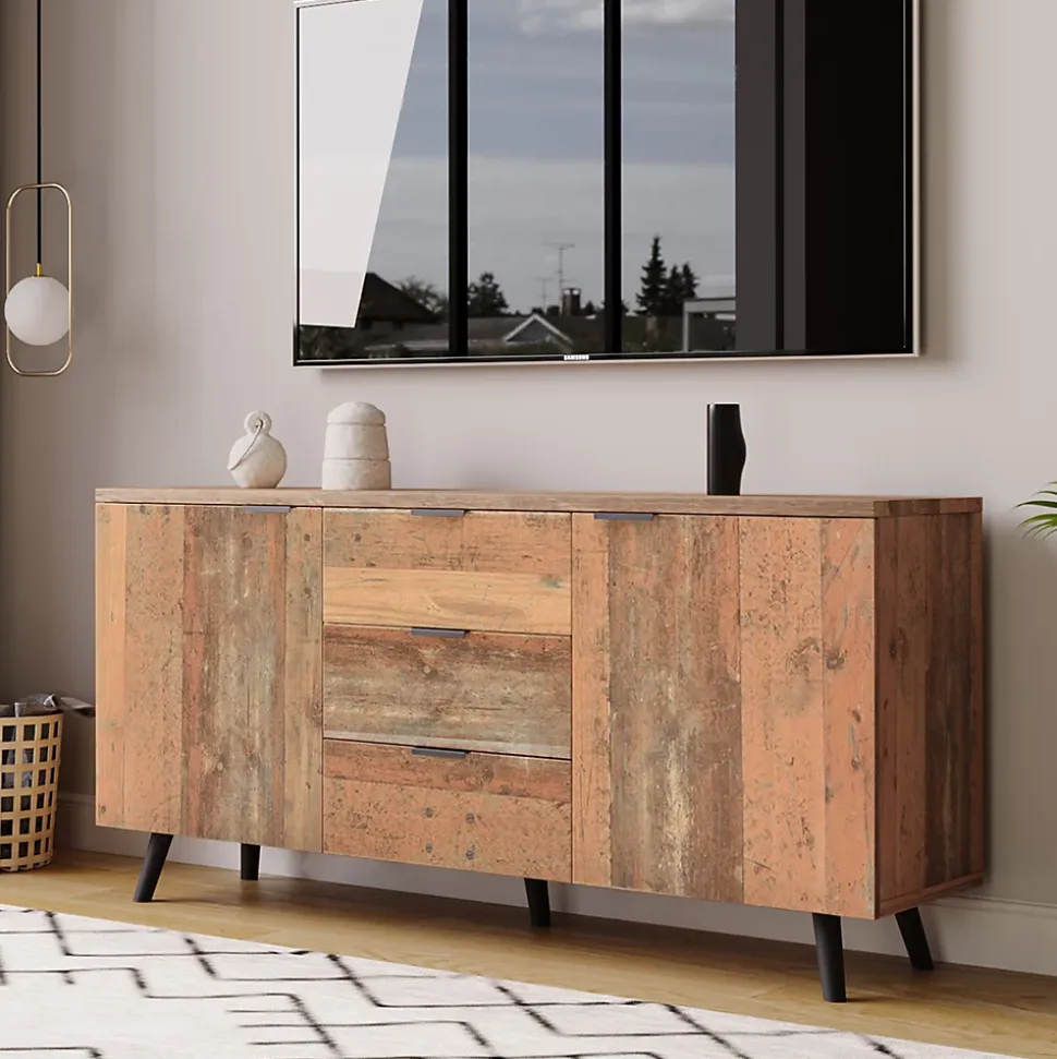 Meuble TV 140x35x70 cm avec rangements et 3 tiroirs, étagères réglables, style vintage bois brun vieilli