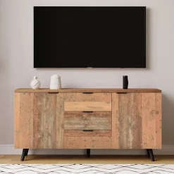 Meuble TV 140x35x70 cm avec rangements et 3 tiroirs, étagères réglables, style vintage bois brun vieilli