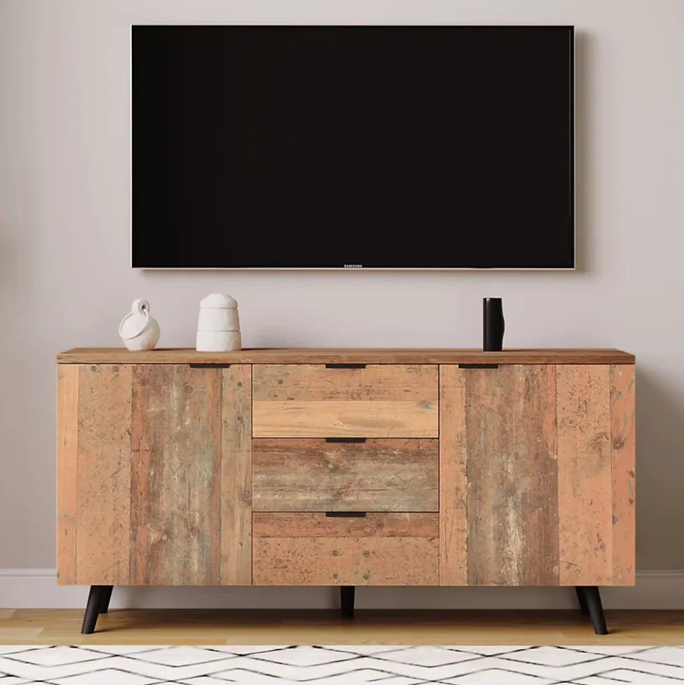 Meuble TV 140x35x70 cm avec rangements et 3 tiroirs, étagères réglables, style vintage bois brun vieilli