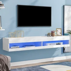 Meuble TV 140x40x30,5 cm blanc brillant avec éclairage LED réglable et rangements suspendus pratiques