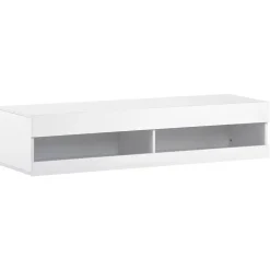 Meuble TV 140x40x30,5 cm blanc brillant avec éclairage LED réglable et rangements suspendus pratiques