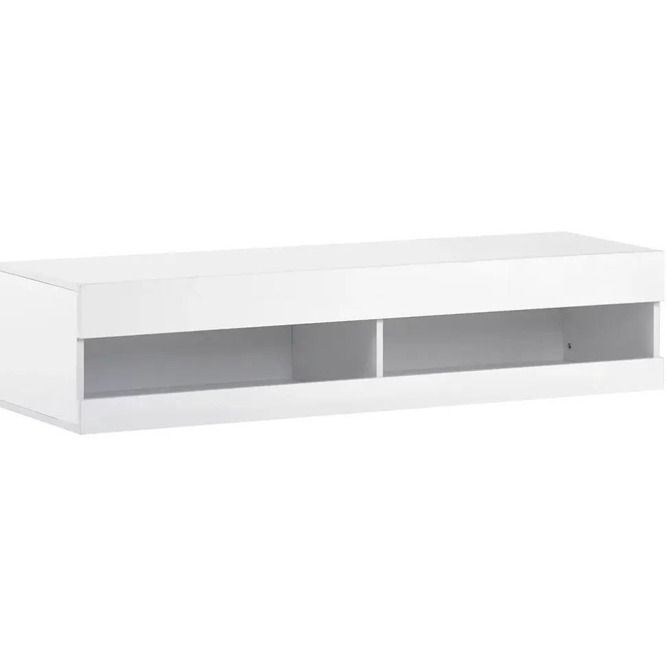 Meuble TV 140x40x30,5 cm blanc brillant avec éclairage LED réglable et rangements suspendus pratiques