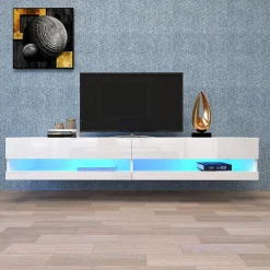 Meuble TV 140x40x30,5 cm blanc brillant avec éclairage LED réglable et rangements suspendus pratiques