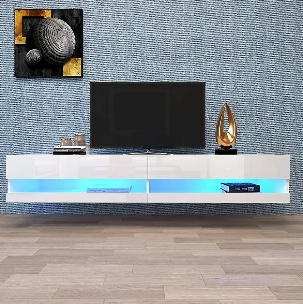 Meuble TV 140x40x30,5 cm blanc brillant avec éclairage LED réglable et rangements suspendus pratiques