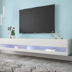 Meuble TV 140x40x30,5 cm blanc brillant avec éclairage LED réglable et rangements suspendus pratiques