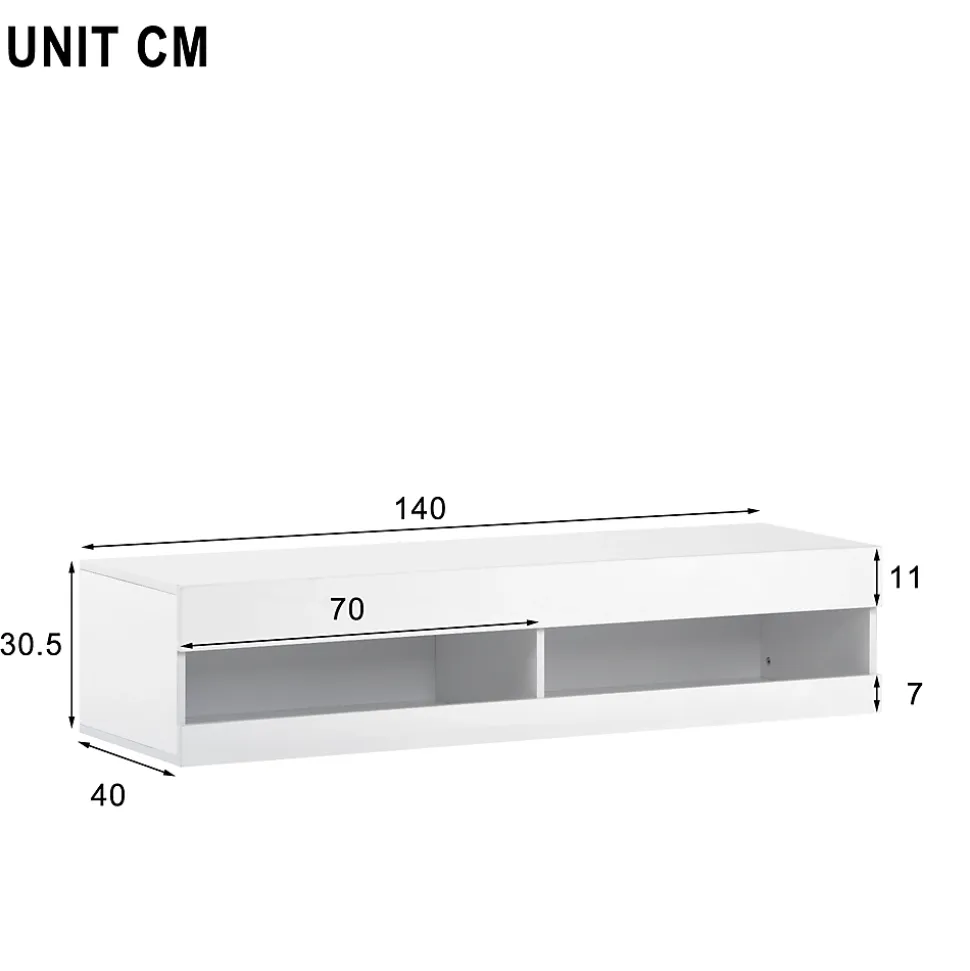 Meuble TV 140x40x30,5 cm blanc brillant avec éclairage LED réglable et rangements suspendus pratiques