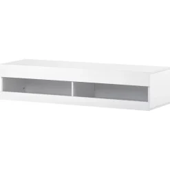 Meuble TV 140x40x30,5 cm blanc brillant avec éclairage LED réglable et rangements suspendus pratiques