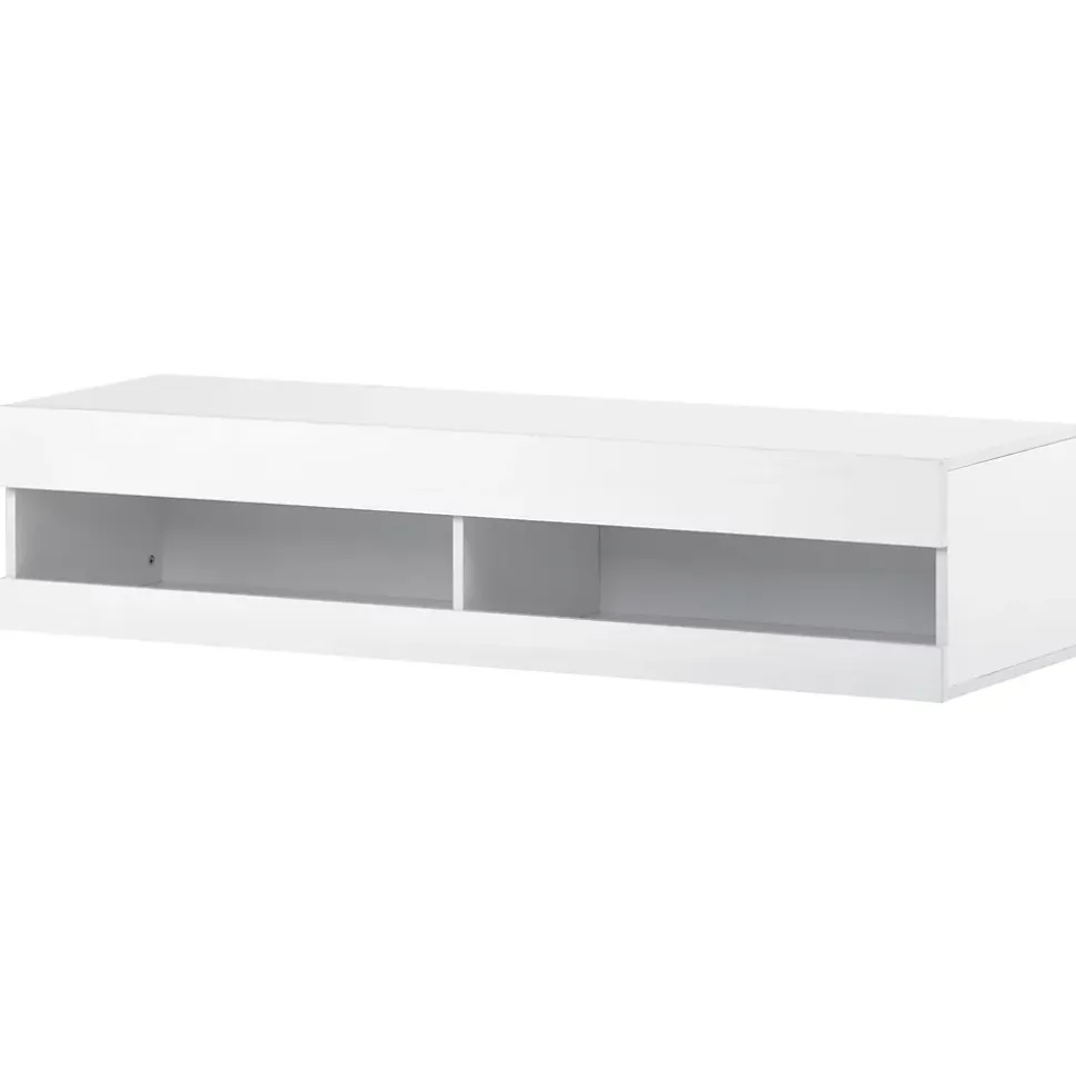 Meuble TV 140x40x30,5 cm blanc brillant avec éclairage LED réglable et rangements suspendus pratiques