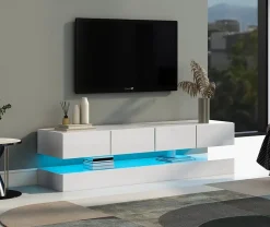 Meuble TV 130x33x15 cm blanc en MDF, suspendu, avec rangements et éclairage LED pilotable par application