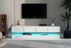 Meuble TV 130x33x15 cm blanc en MDF, suspendu, avec rangements et éclairage LED pilotable par application