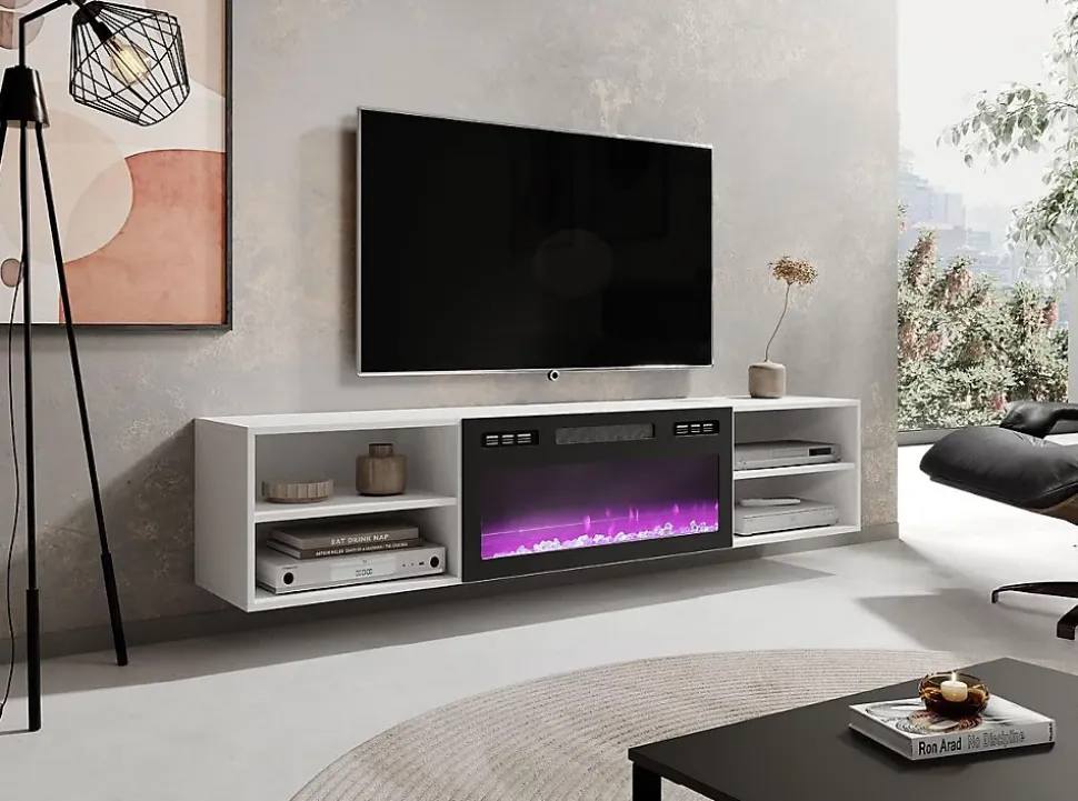 Meuble TV 180x39x33 Cm Blanc Mat Rolli Avec Cheminée Intégrée Noir Meuble a Susprendre Ou a Poser