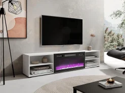 Meuble TV 180x39x33 Cm Blanc Mat Rolli Avec Cheminée Intégrée Noir Meuble a Susprendre Ou a Poser