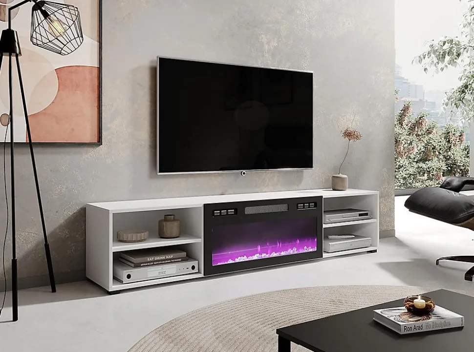 Meuble TV 180x39x33 Cm Blanc Mat Rolli Avec Cheminée Intégrée Noir Meuble a Susprendre Ou a Poser