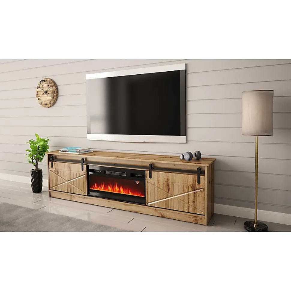 Meuble TV 200x57x35 Cm Couleur Chêne Wotan Grange Cheminée Chauffante Intégrée Meuble À Poser