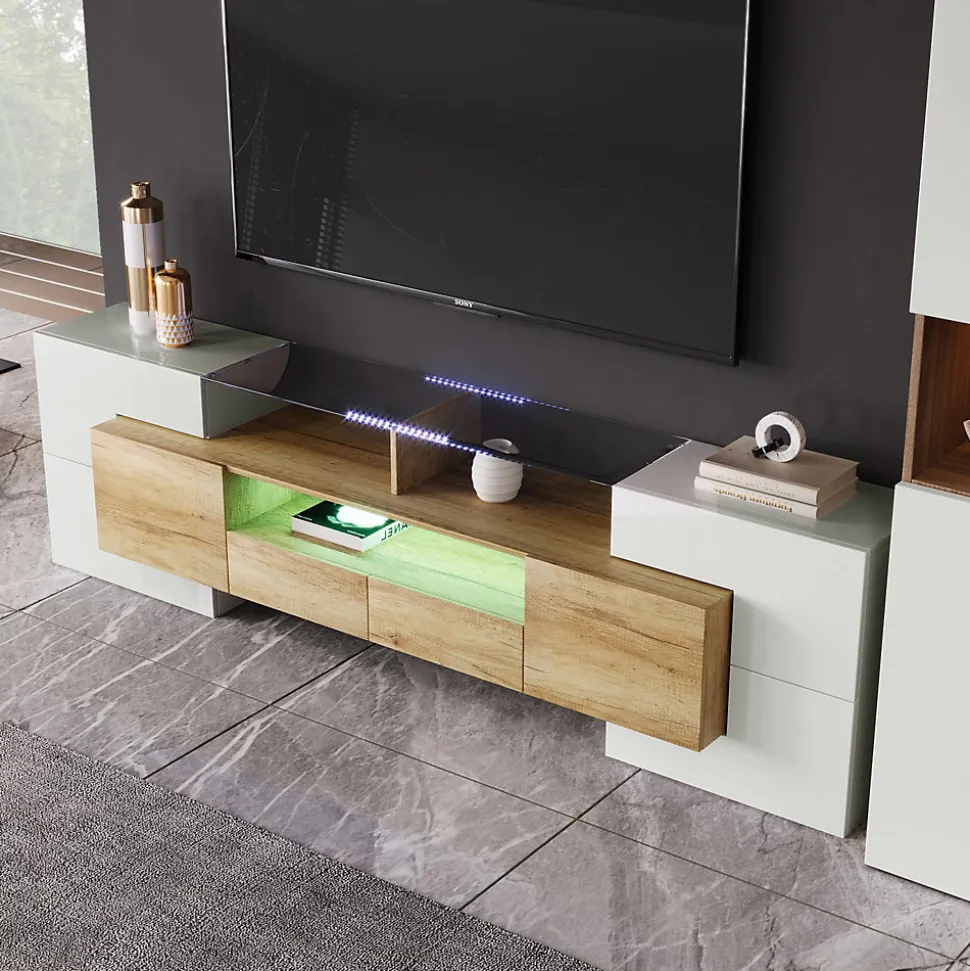 Meuble TV 200x35x60 cm en MDF blanc laqué et bois naturel avec LED multicolore et rangements pratiques, moderne