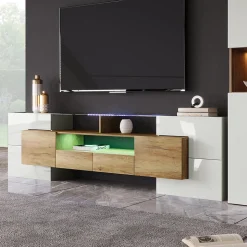 Meuble TV 200x35x60 cm en MDF blanc laqué et bois naturel avec LED multicolore et rangements pratiques, moderne