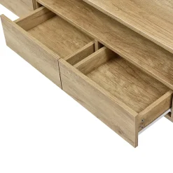 Meuble TV 200x35x60 cm en MDF blanc laqué et bois naturel avec LED multicolore et rangements pratiques, moderne