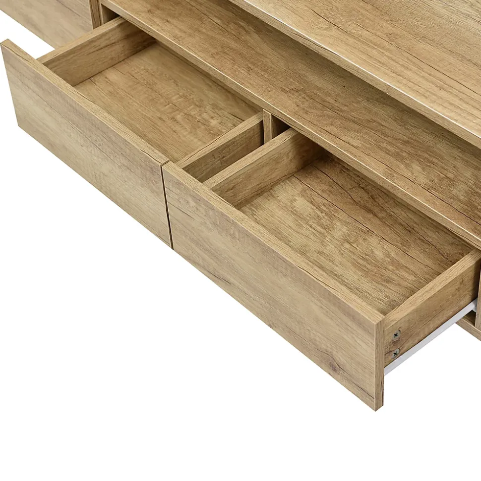 Meuble TV 200x35x60 cm en MDF blanc laqué et bois naturel avec LED multicolore et rangements pratiques, moderne