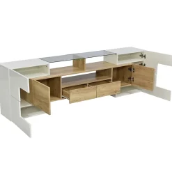 Meuble TV 200x35x60 cm en MDF blanc laqué et bois naturel avec LED multicolore et rangements pratiques, moderne