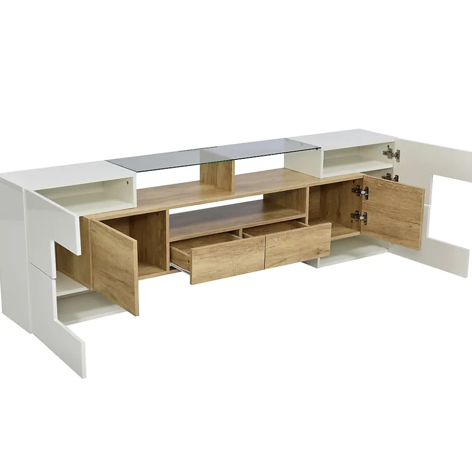 Meuble TV 200x35x60 cm en MDF blanc laqué et bois naturel avec LED multicolore et rangements pratiques, moderne