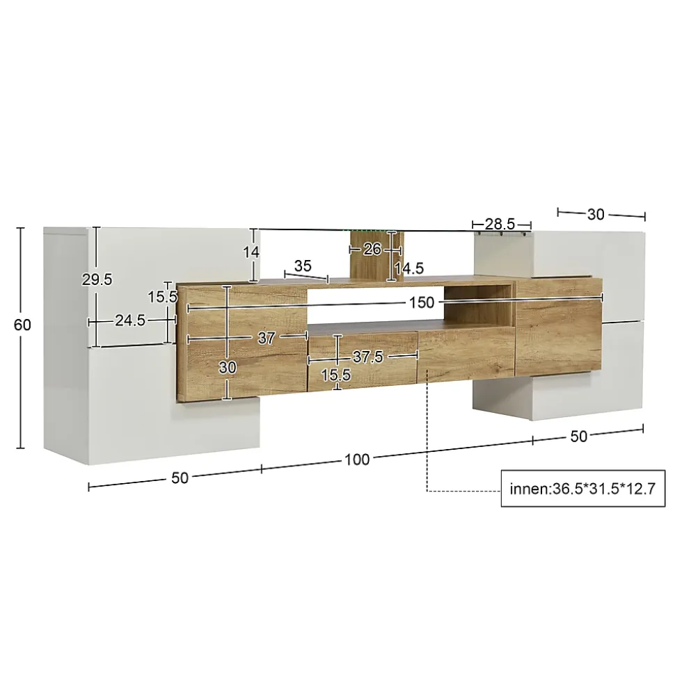 Meuble TV 200x35x60 cm en MDF blanc laqué et bois naturel avec LED multicolore et rangements pratiques, moderne