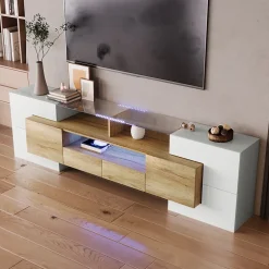 Meuble TV 200x35x60 cm en MDF blanc laqué et bois naturel avec LED multicolore et rangements pratiques, moderne