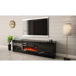 Meuble TV 200x57x35 Cm Noir Brillant Grange Avec Cheminée Chauffante Intégrée Meuble Hi-fi À Poser