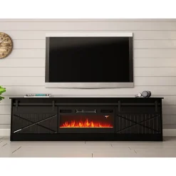 Meuble TV 200x57x35 Cm Noir Brillant Grange Avec Cheminée Chauffante Intégrée Meuble Hi-fi À Poser