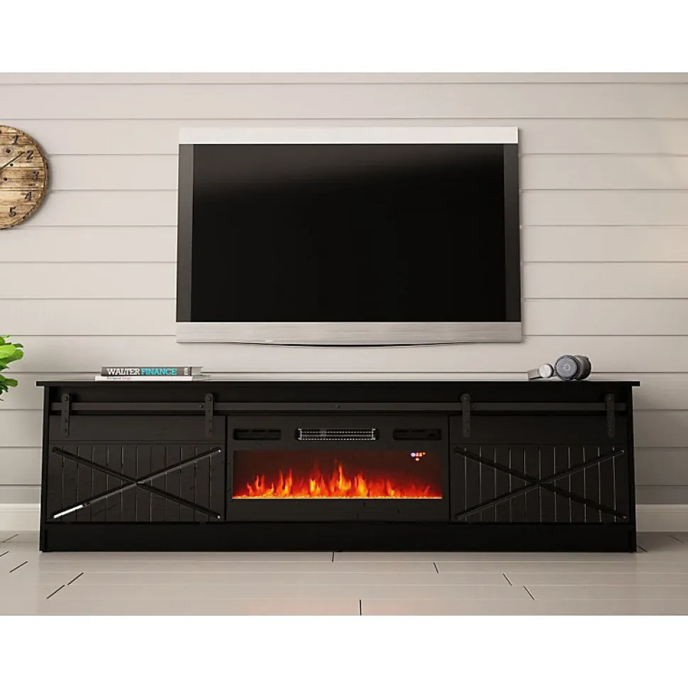 Meuble TV 200x57x35 Cm Noir Brillant Grange Avec Cheminée Chauffante Intégrée Meuble Hi-fi À Poser