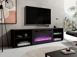 Meuble TV 200x51x33 Cm Noir Mat Rolli Avec Cheminée Intégrée Noir Meuble a Susprendre Ou a Poser