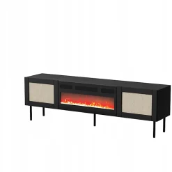 Meuble TV 180x55x40 Cm Noir Yota Avec Cheminée Intégrée Meuble Hi-fi Sur Pied