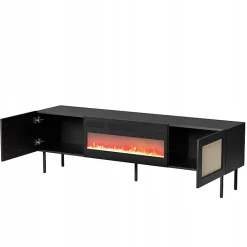Meuble TV 180x55x40 Cm Noir Yota Avec Cheminée Intégrée Meuble Hi-fi Sur Pied